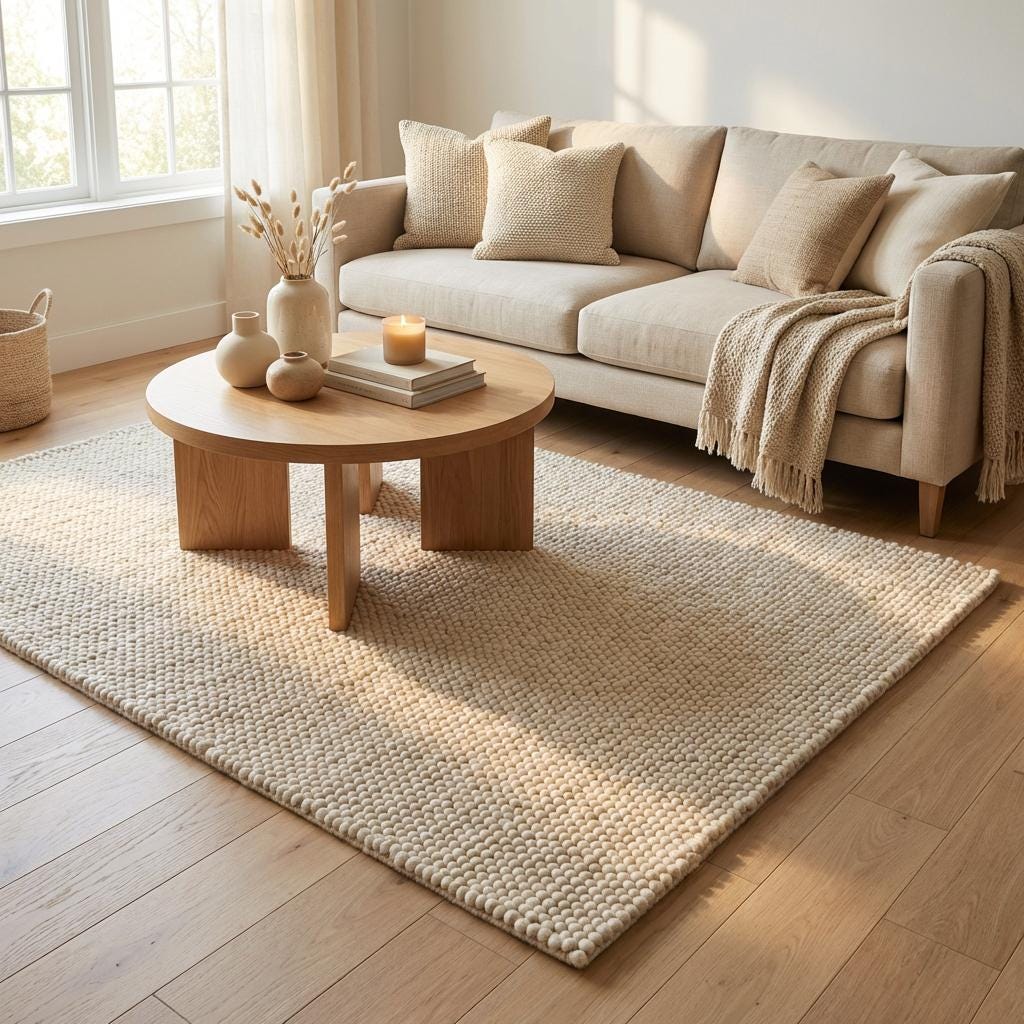 Chunky wool neutral area rug in thick textured cream with plush loop construction for cozy modern interiors