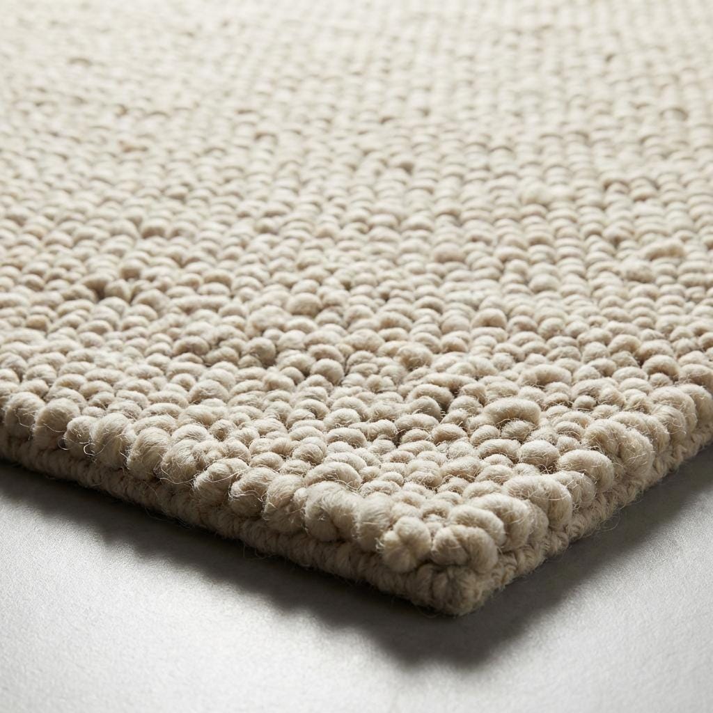 Chunky wool neutral area rug in thick textured cream, cozy modern floor decor
