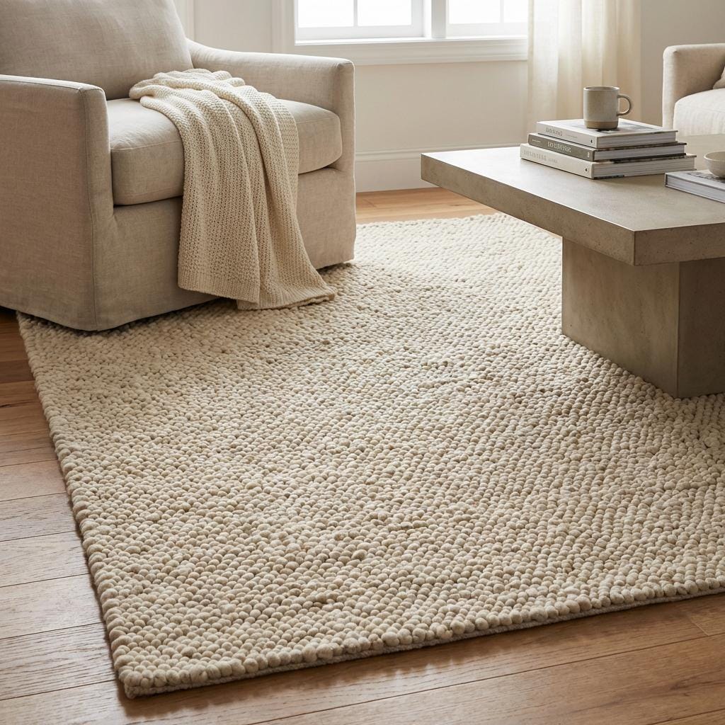 Thick chunky wool neutral cream area rug with plush loop texture in modern cozy room