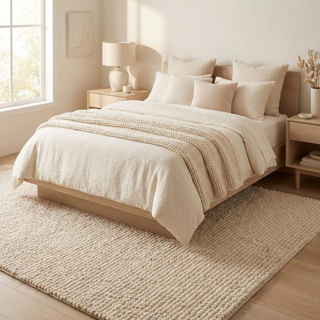 Chunky wool pebble rug in thick ivory with soft, textured loops for cozy modern living room decor
