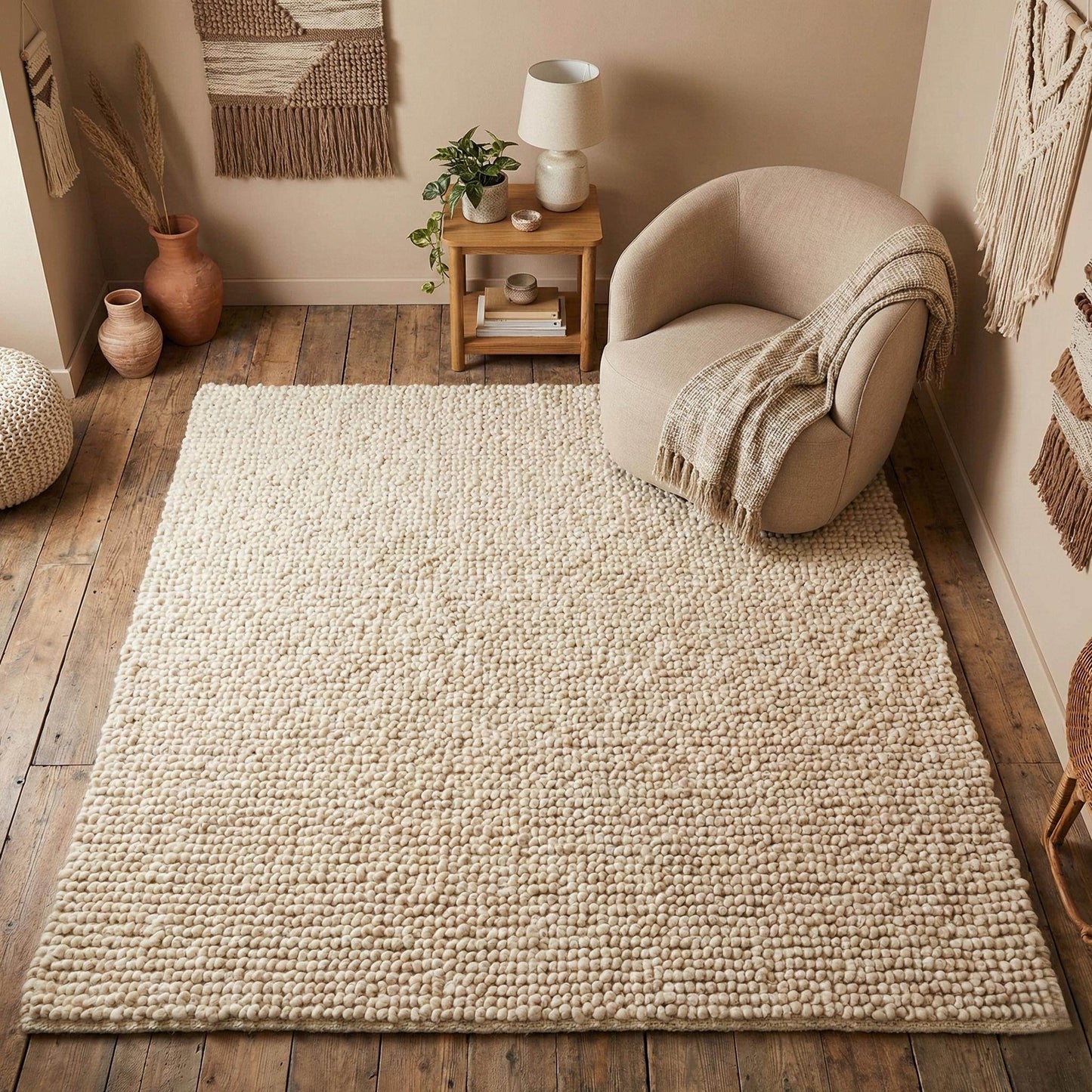 Chunky wool pebble rug with thick ivory textured loops for cozy modern living room decor