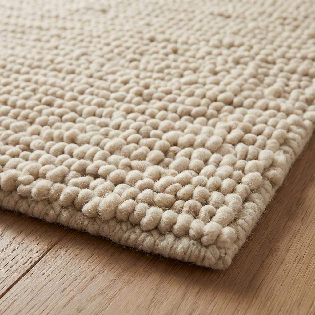 Chunky wool pebble rug in thick ivory with textured pebble design for cozy modern living room decor
