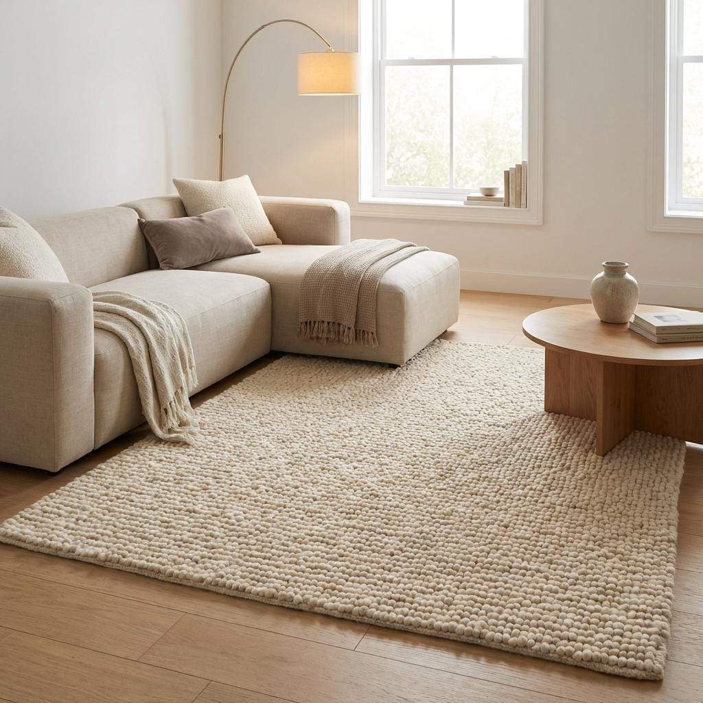 Chunky wool pebble rug with thick ivory textured loops for cozy modern living rooms