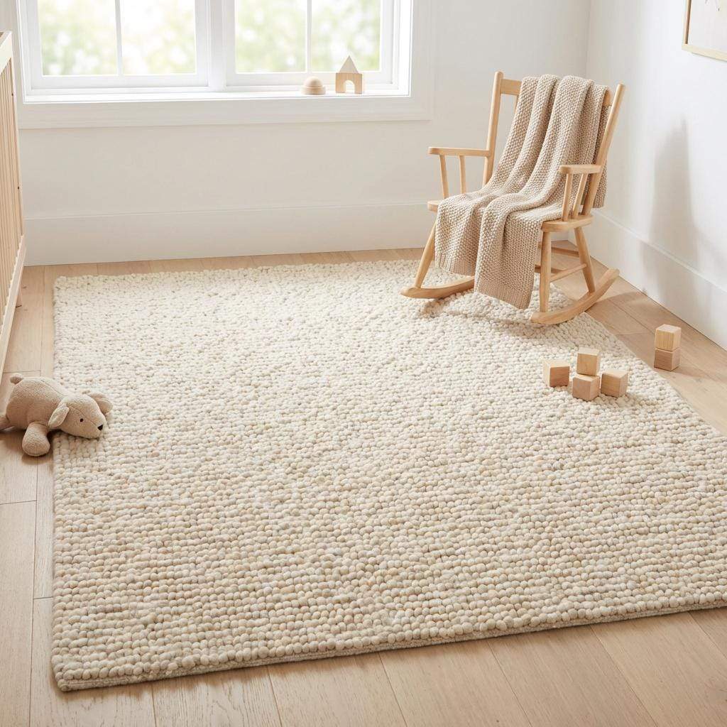 Chunky wool pebble rug with thick ivory textured loops for cozy modern living room ambiance