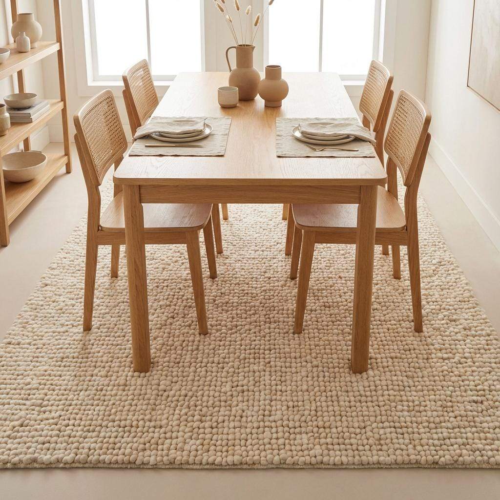 Chunky wool pebble rug with thick ivory loops adding cozy texture to modern living room