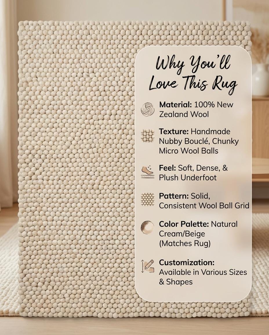 Chunky Wool Pom Pom Rug, Handmade Wool Ball Carpet, Cozy Neutral Boho Nursery Rug, Soft Textured Area Rug