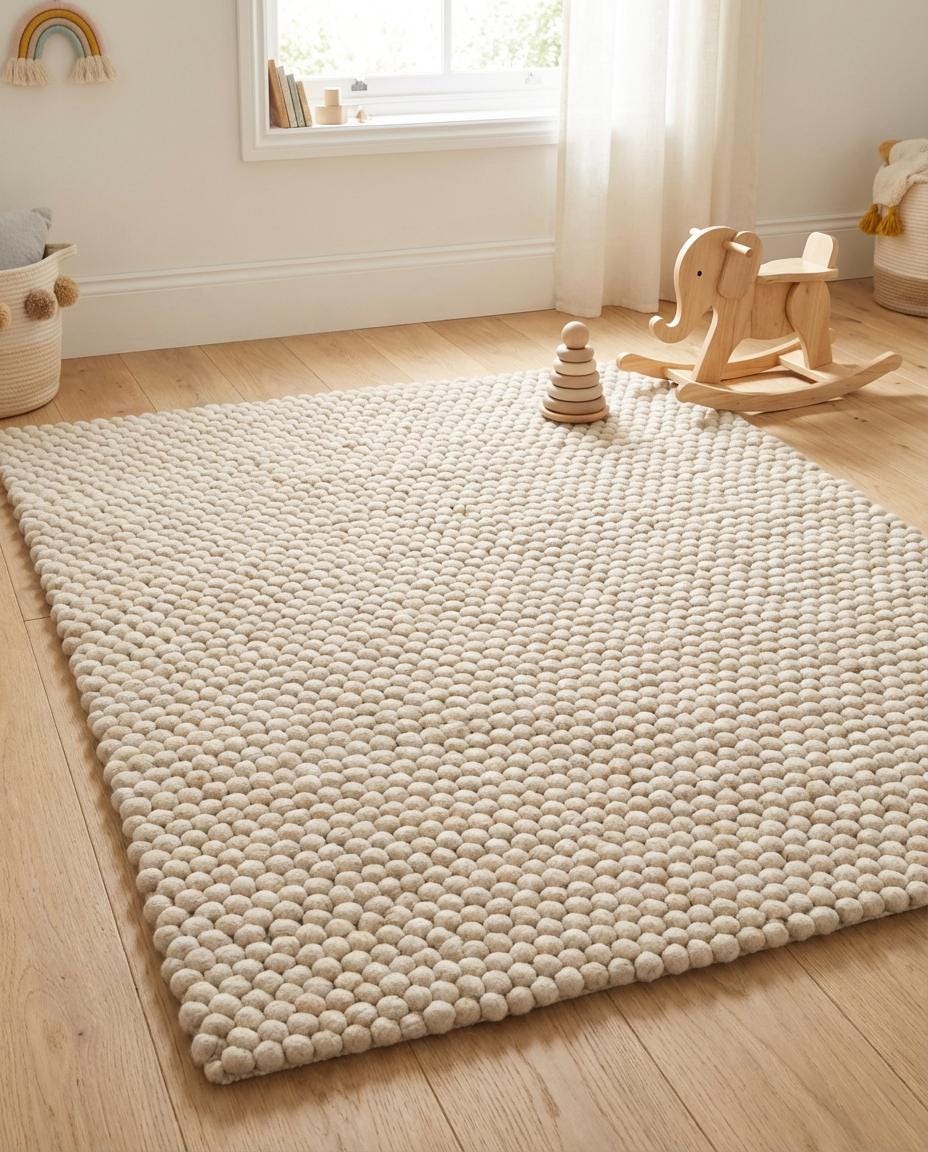 Soft wool pom pom area rug close-up showing plush texture ideal for cozy bedroom or nursery decor