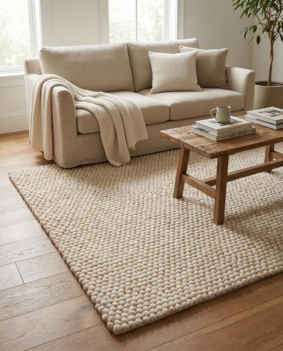 Chunky Wool Pom Pom Rug, Handmade Wool Ball Carpet, Cozy Neutral Boho Nursery Rug, Soft Textured Area Rug