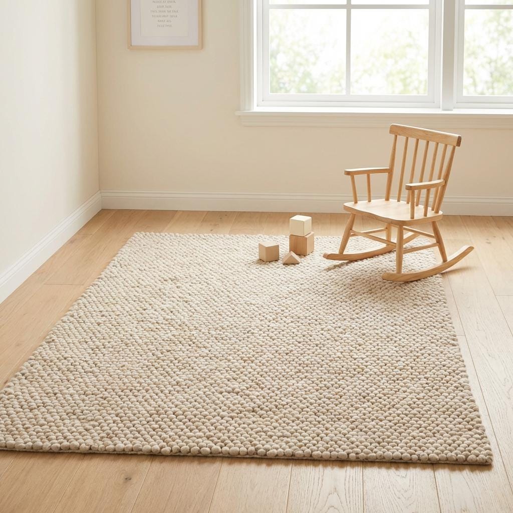 Handmade chunky wool rug with thick cream loop pile, cozy textured neutral area carpet