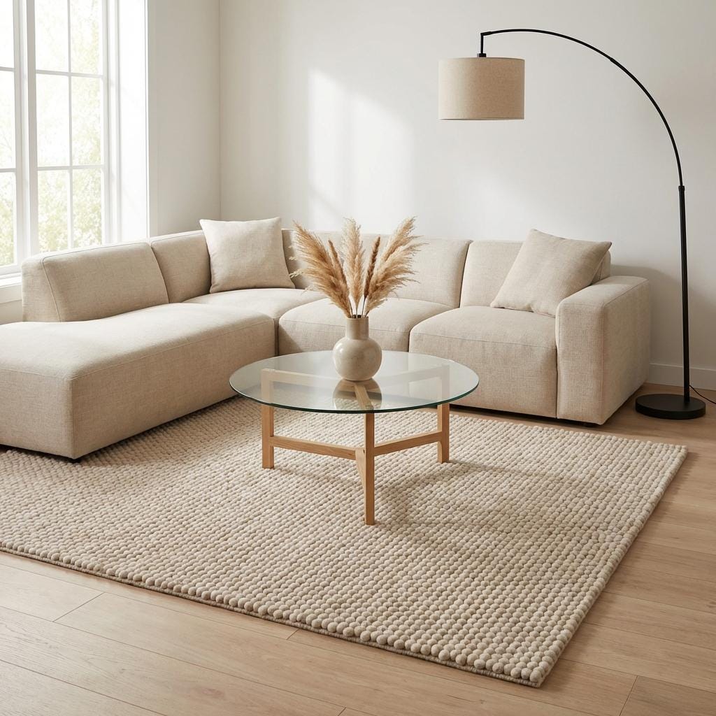 Handmade chunky wool rug with thick cream loop pile, soft textured neutral area carpet for cozy home decor