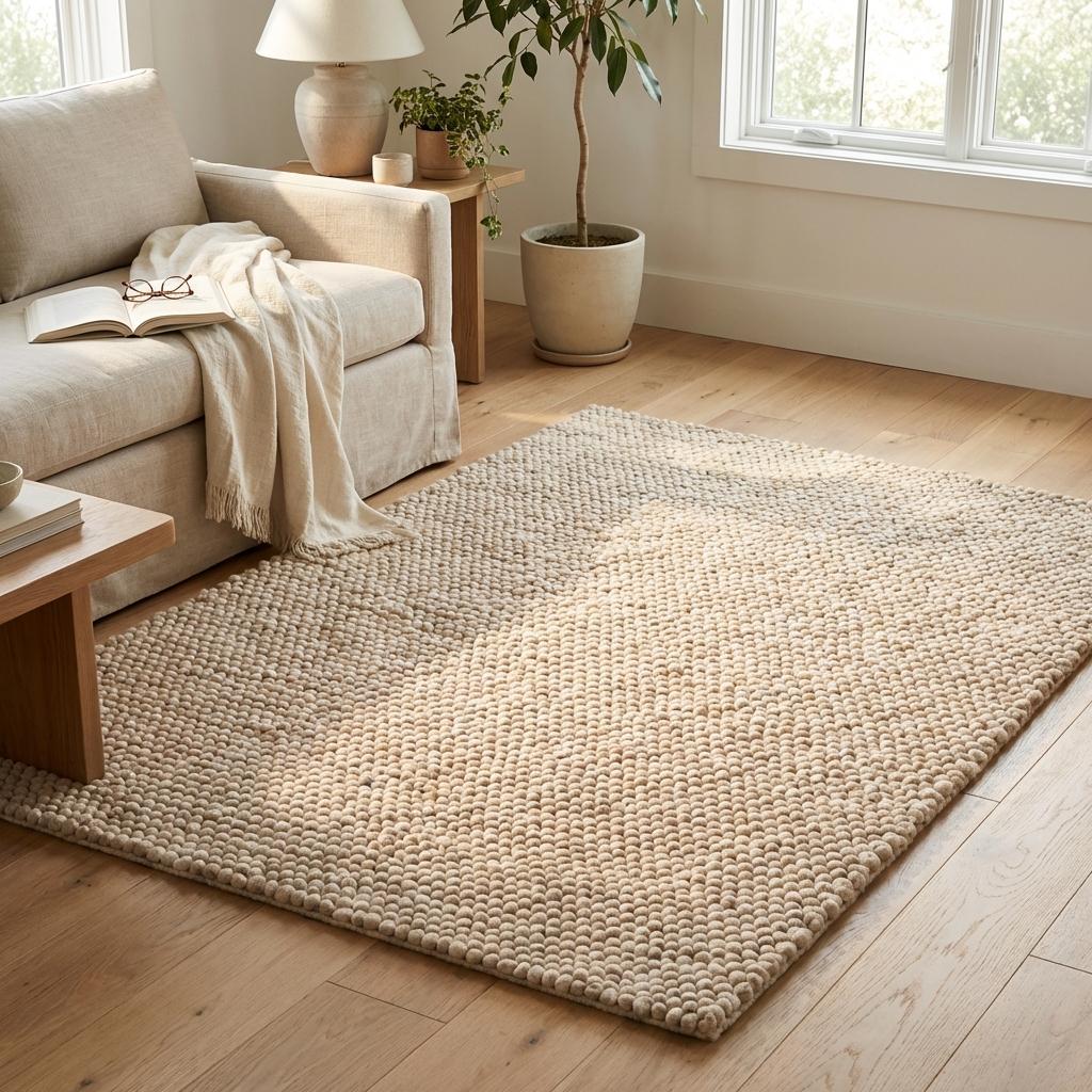 Handmade chunky wool rug with cream loop pile, thick textured cozy neutral area carpet