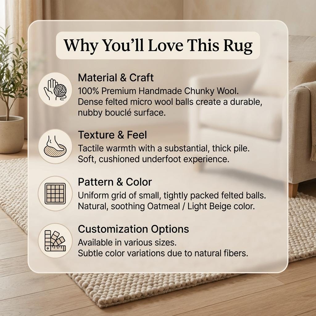 Handmade chunky wool rug with cream loop pile, thick textured neutral boho area carpet