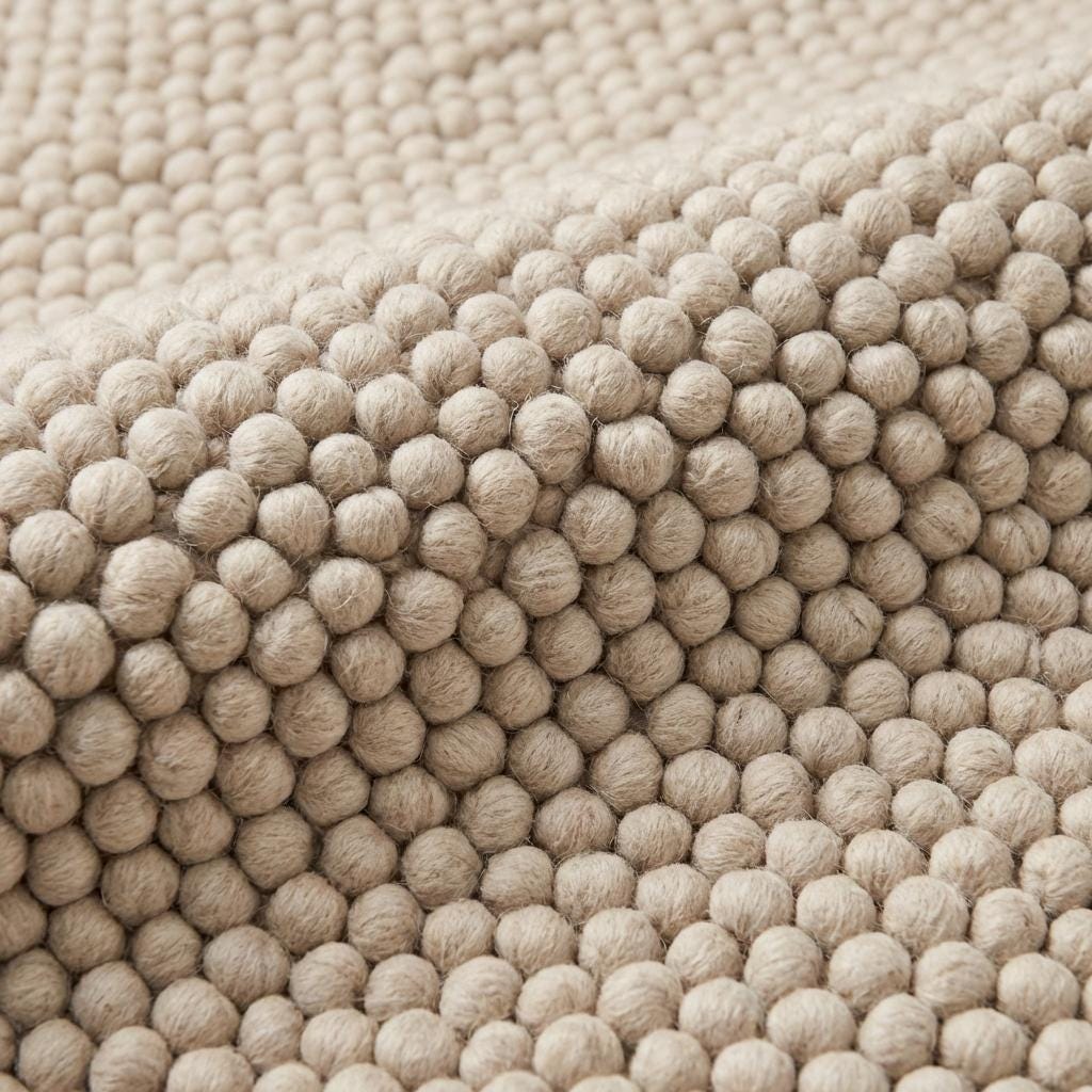 Handmade chunky wool rug with thick cream loop pile, cozy textured neutral area carpet