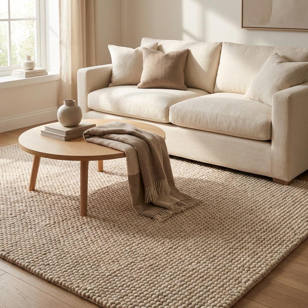 Handmade chunky wool rug cream loop pile thick textured neutral boho cozy floor carpet