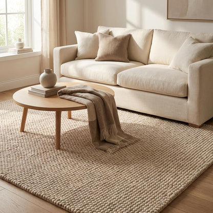 Handmade chunky wool rug cream loop pile thick textured neutral boho cozy floor carpet