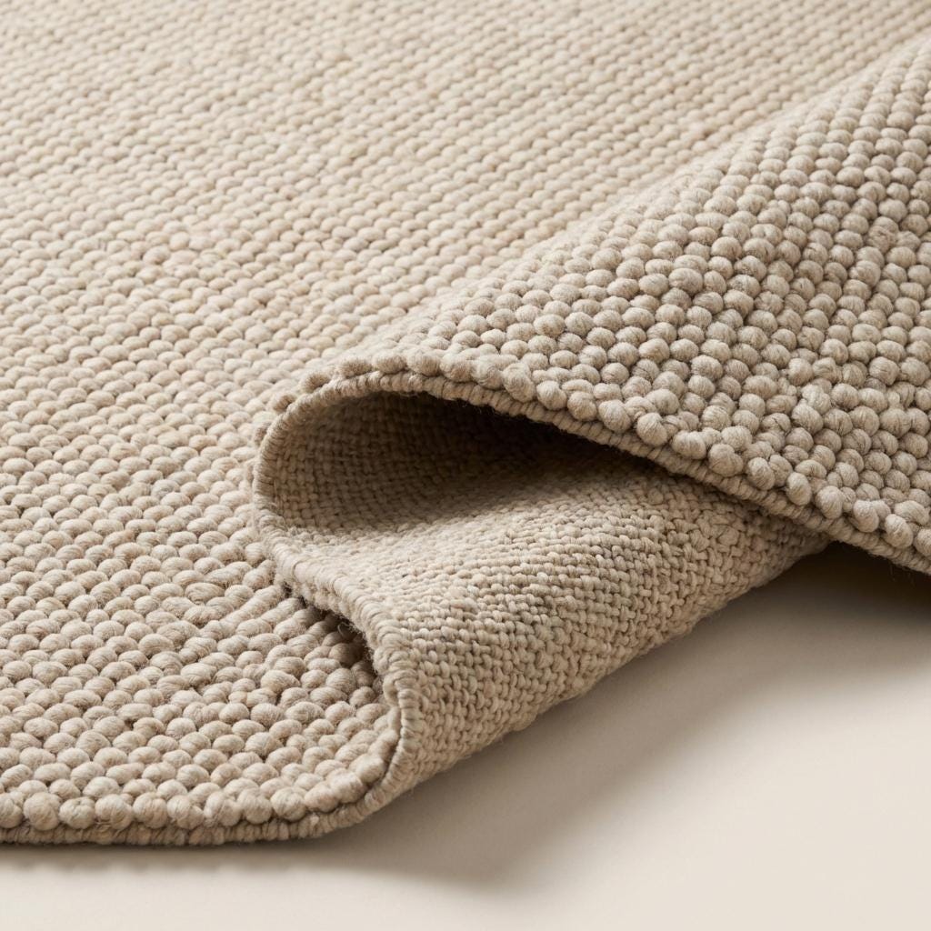 Handmade chunky wool rug with thick cream loop pile, cozy neutral textured floor carpet for boho and modern interiors