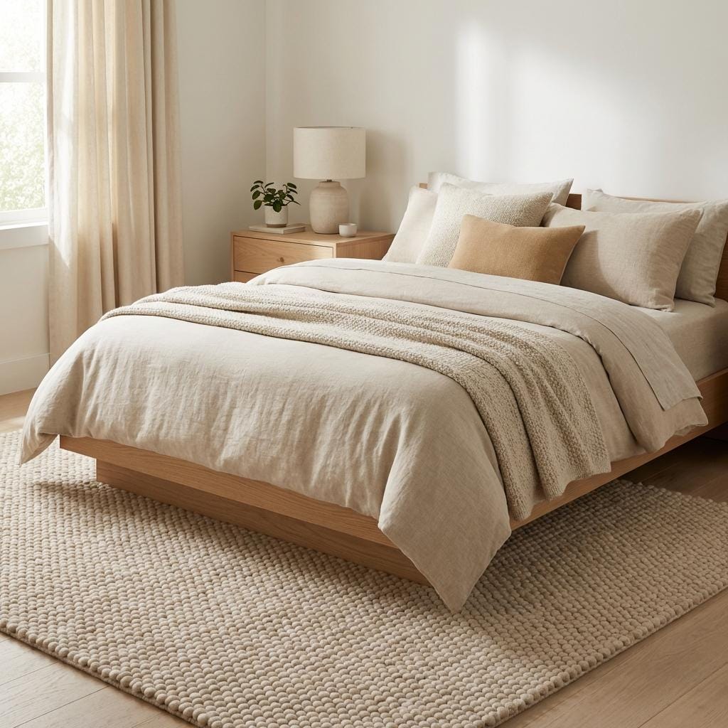 Handmade chunky wool rug with thick cream loop pile, soft textured neutral boho area carpet.