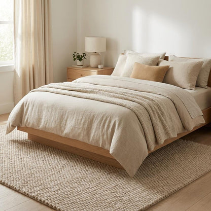 Handmade chunky wool rug with thick cream loop pile, soft textured neutral boho area carpet.