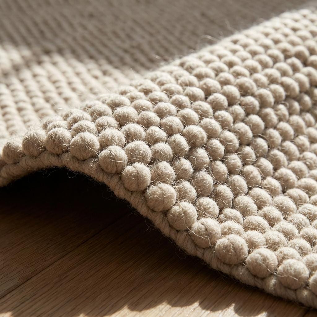 Handmade chunky wool rug with thick loop pile in cream, cozy and textured floor carpet for neutral boho decor
