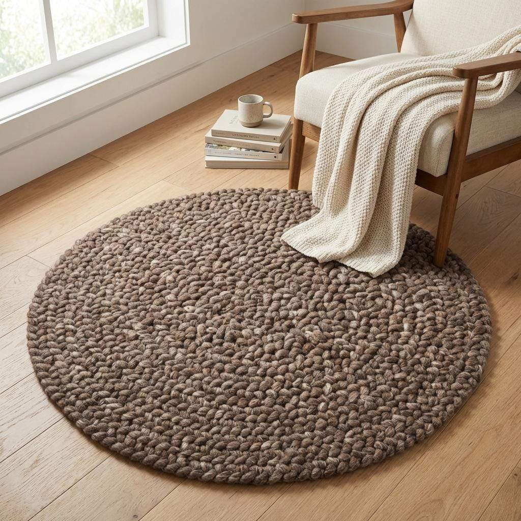 Handmade chunky wool rug with thick loop knit, soft textured neutral farmhouse floor decor