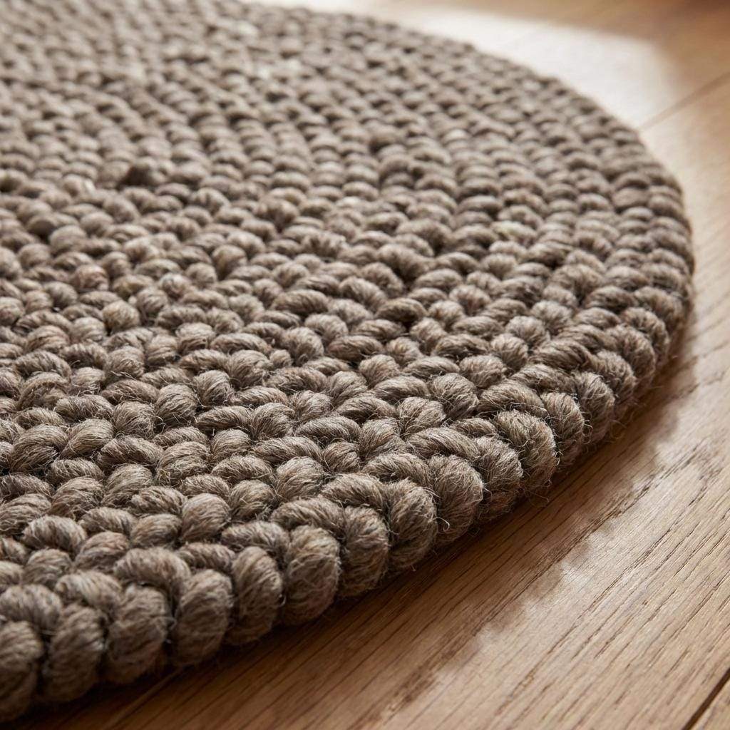 Handmade chunky wool rug with thick loop knit texture in neutral tones for cozy farmhouse decor