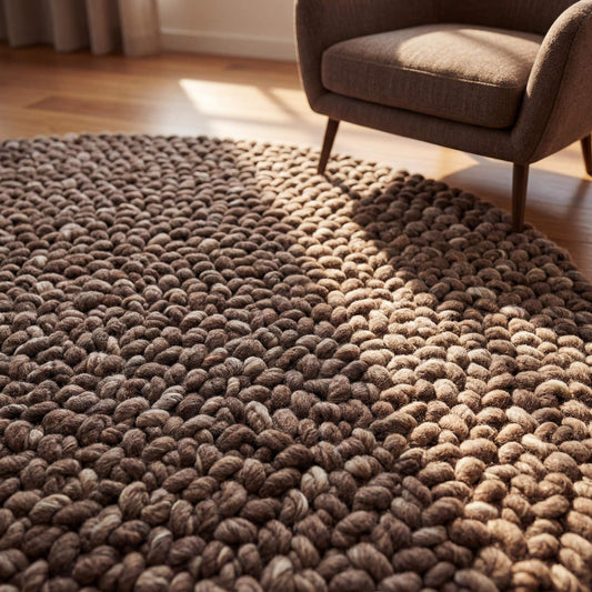 Handmade chunky wool rug with thick loop knit in neutral farmhouse style