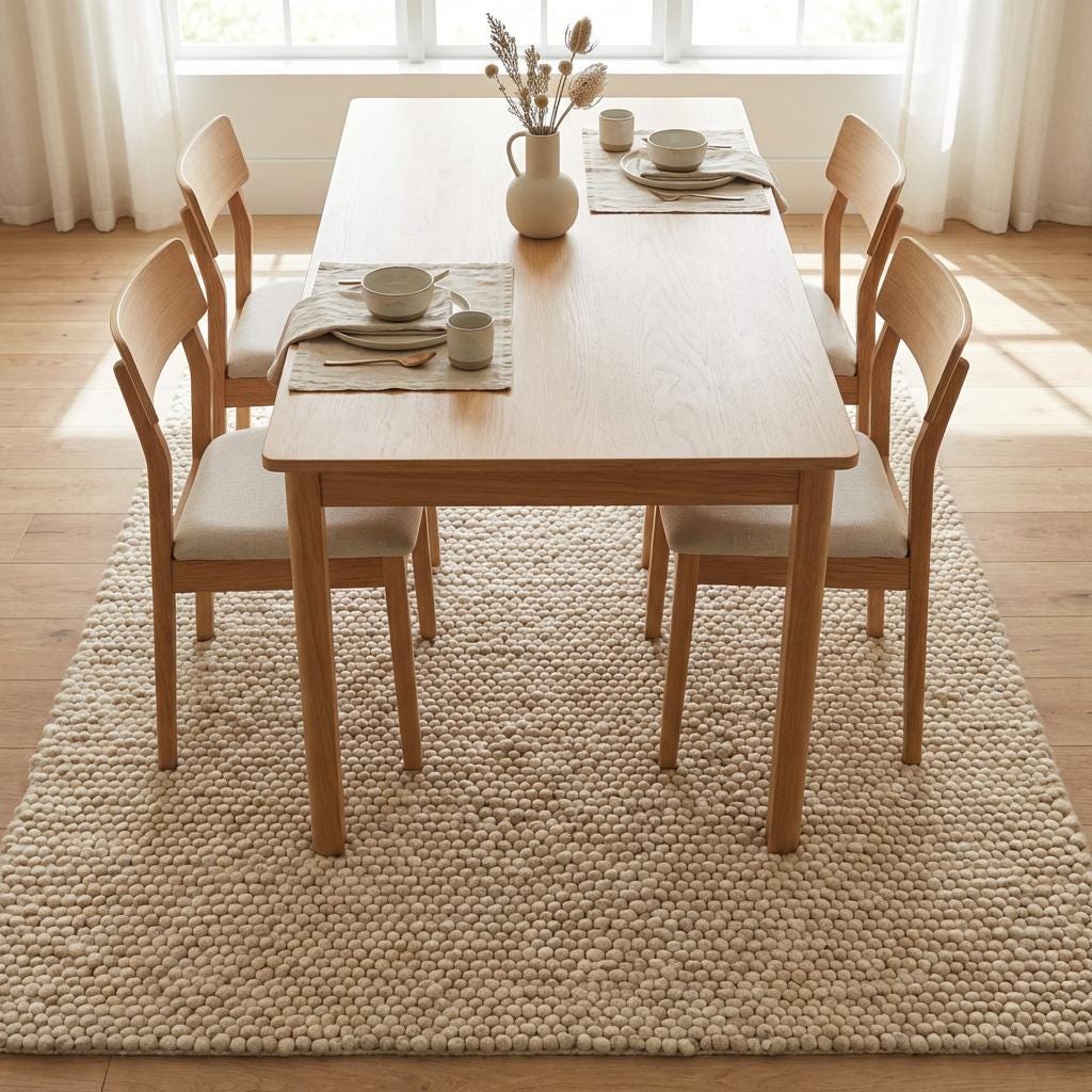Chunky wool rug handwoven cream thick textured neutral Scandinavian modern cozy area rug