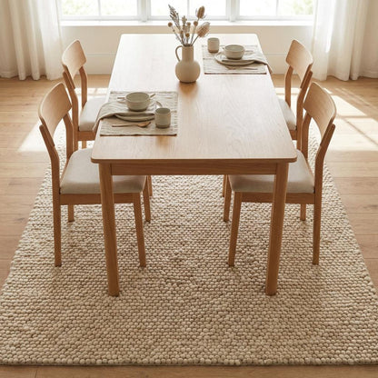 Chunky wool rug handwoven cream thick textured neutral Scandinavian modern cozy area rug