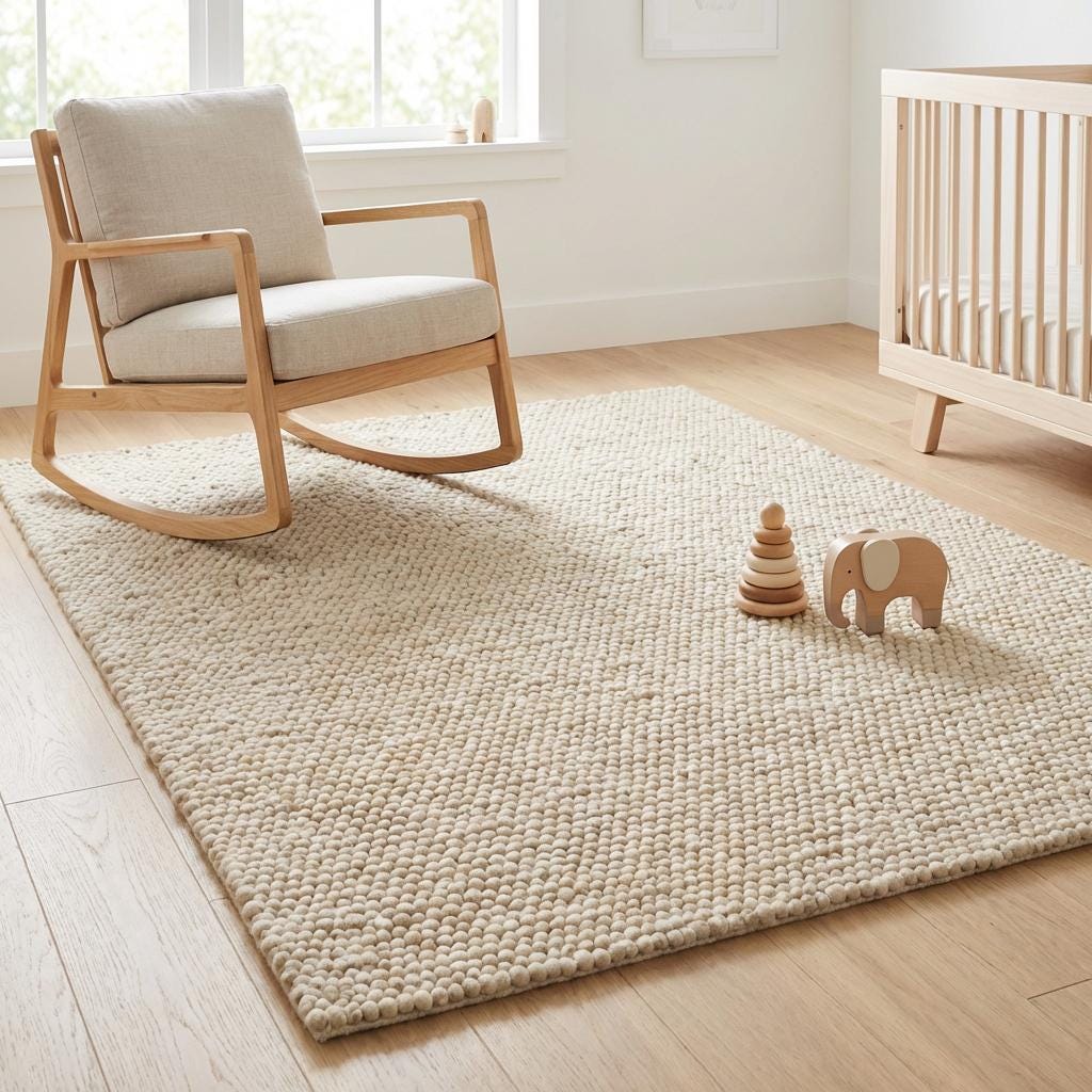 Chunky wool rug handwoven cream thick textured area rug Scandinavian modern decor cozy bedroom nursery carpet
