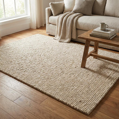 Chunky wool rug handwoven cream textured area rug Scandinavian modern decor cozy bedroom nursery carpet