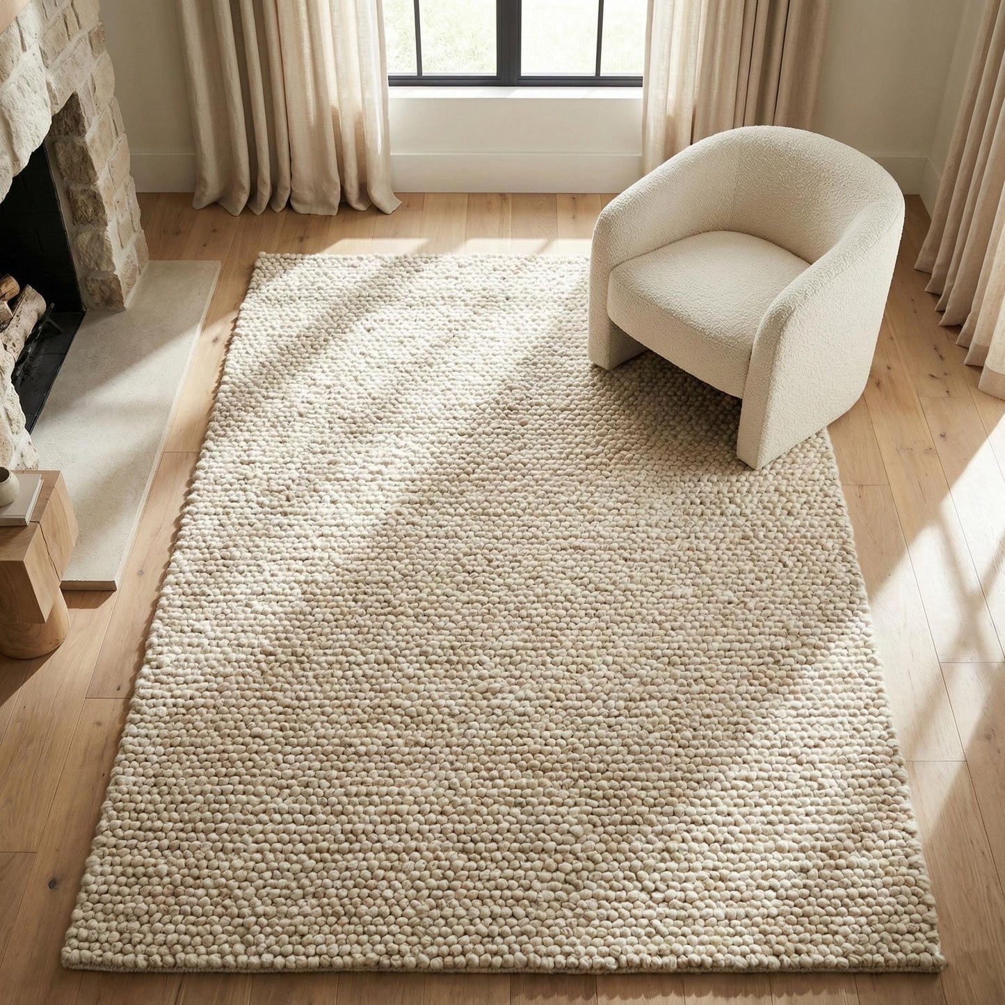Chunky wool rug handwoven cream textured Scandinavian modern cozy area carpet