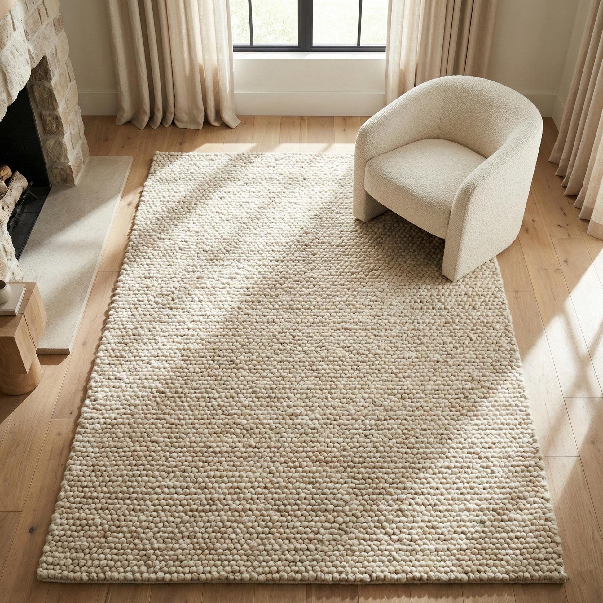 Chunky wool rug handwoven cream textured Scandinavian modern cozy area carpet