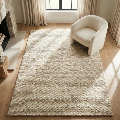 Chunky wool rug handwoven cream textured Scandinavian modern cozy area carpet