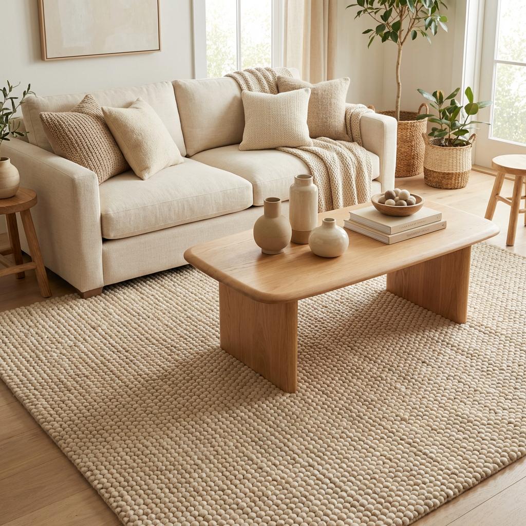 Handwoven chunky wool rug in cream with thick textured pebble weave for cozy Scandinavian modern living room and bedroom decor