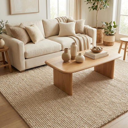 Handwoven chunky wool rug in cream with thick textured pebble weave for cozy Scandinavian modern living room and bedroom decor