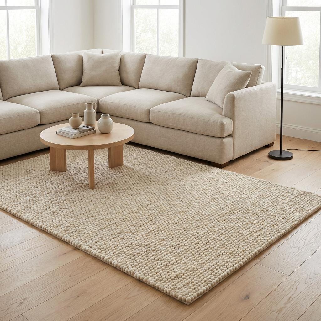Chunky wool rug handwoven cream textured neutral Scandinavian modern decor thick area rug