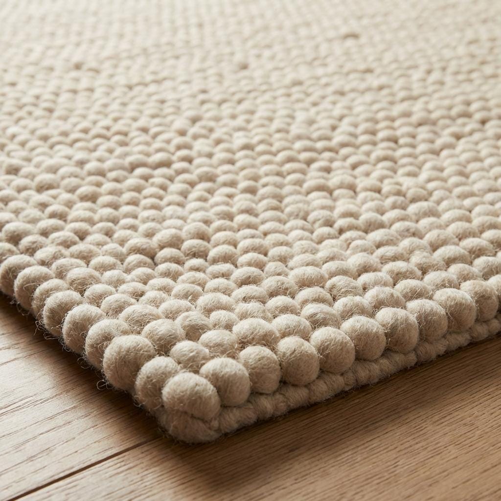 Chunky wool rug handwoven cream thick textured neutral Scandinavian modern living room carpet