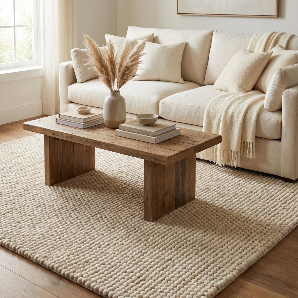 Chunky wool rug with thick cream loop pile, handwoven textured area rug for modern farmhouse and Scandinavian decor