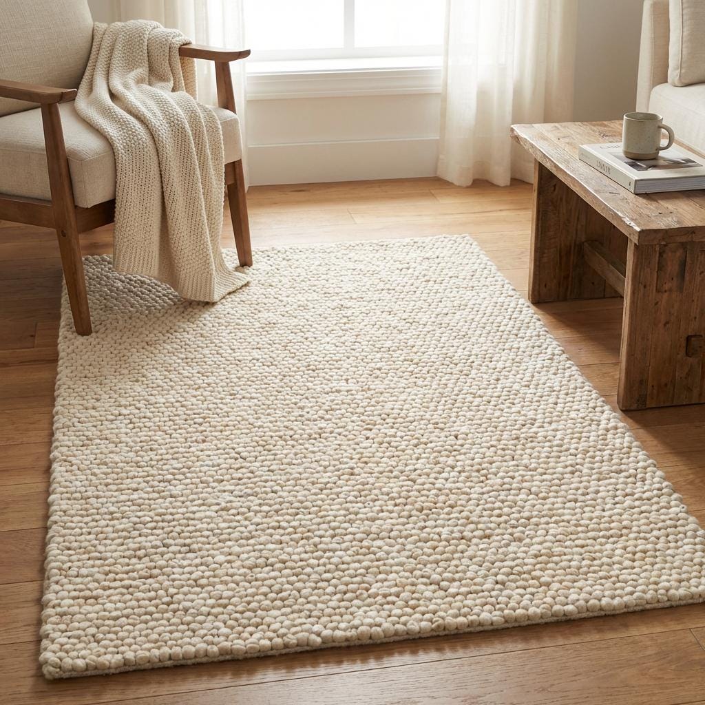 Handwoven chunky wool rug with thick cream loop pile in modern farmhouse living room setting