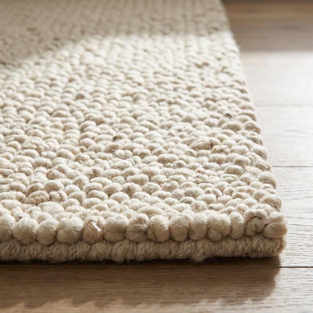 Chunky wool rug with thick textured cream loops, handwoven for cozy modern farmhouse and Scandinavian decor