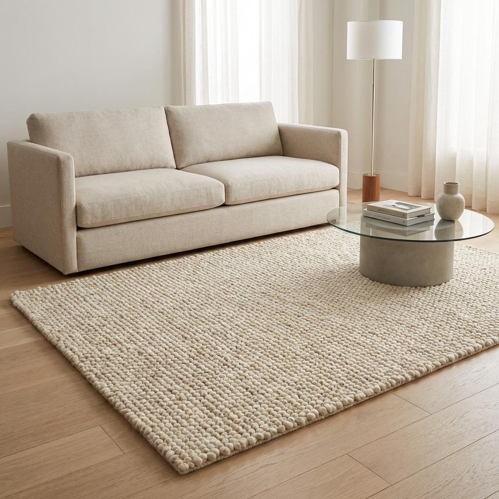 Chunky wool rug with thick looped cream texture in modern farmhouse living room setting