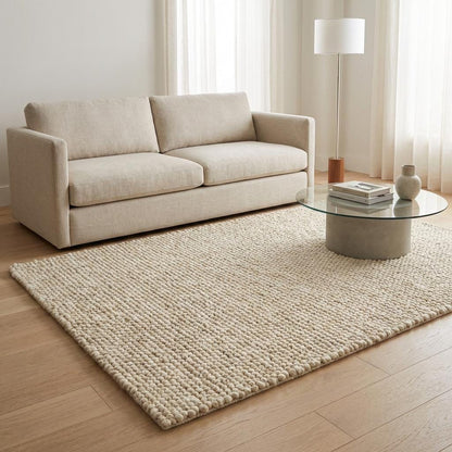 Chunky wool rug with thick looped cream texture in modern farmhouse living room setting