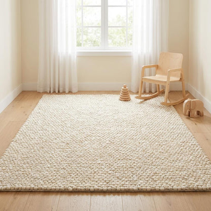 Chunky wool rug handwoven cream neutral textured loop pile in modern farmhouse living room