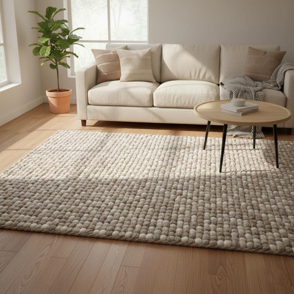 Handwoven chunky wool rug in neutral cream and beige tones with thick felted texture laying on wooden floor.
