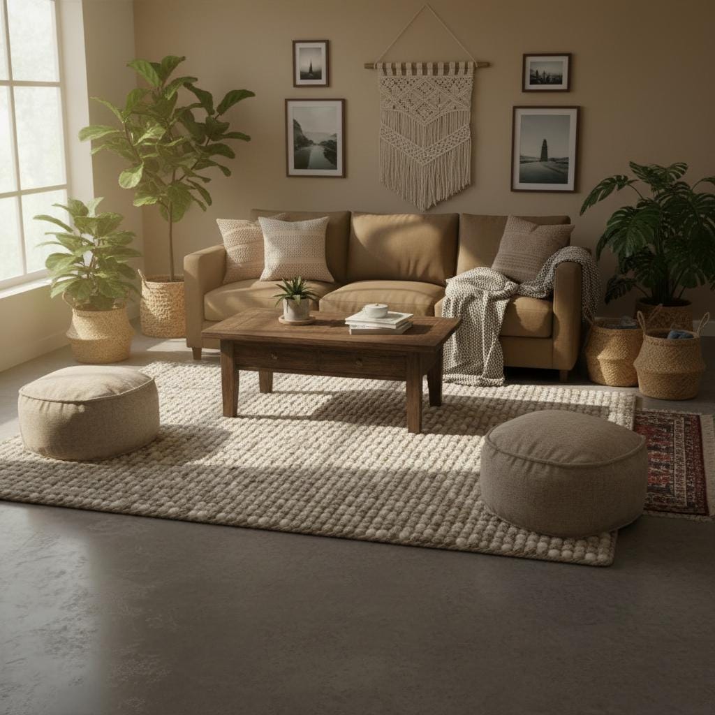Soft natural fiber rug with thick woven texture ideal for living room or bedroom décor.