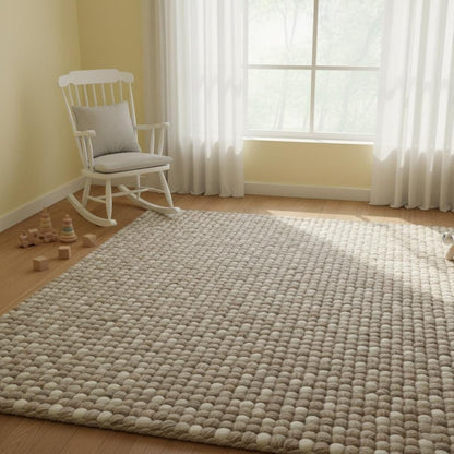 Chunky Wool Rug, Handwoven Felt Ball Wool Area Rug, Neutral Textured Rug for Living Room, Thick Cozy Floor Mat, Scandinavian Decor