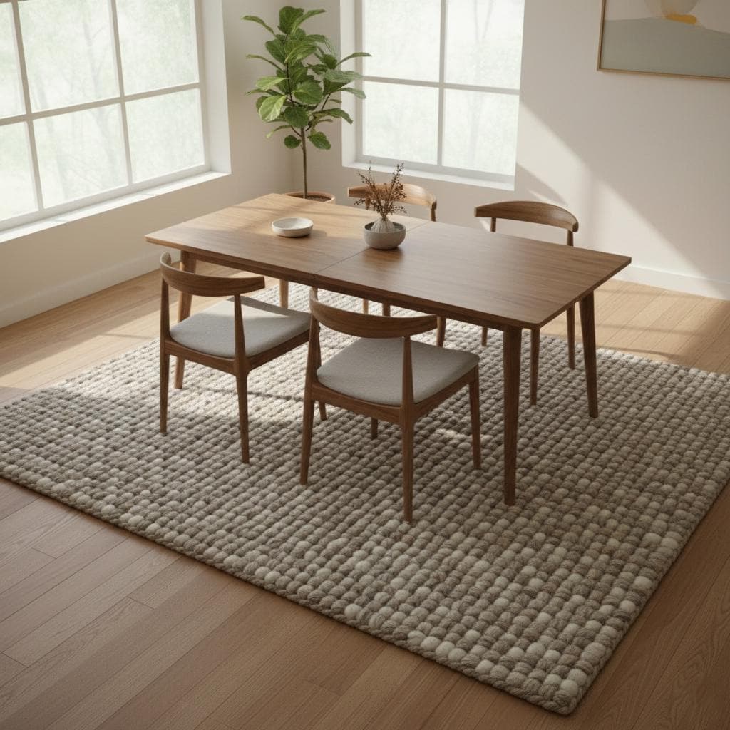 Chunky Wool Rug, Handwoven Felt Ball Wool Area Rug, Neutral Textured Rug for Living Room, Thick Cozy Floor Mat, Scandinavian Decor