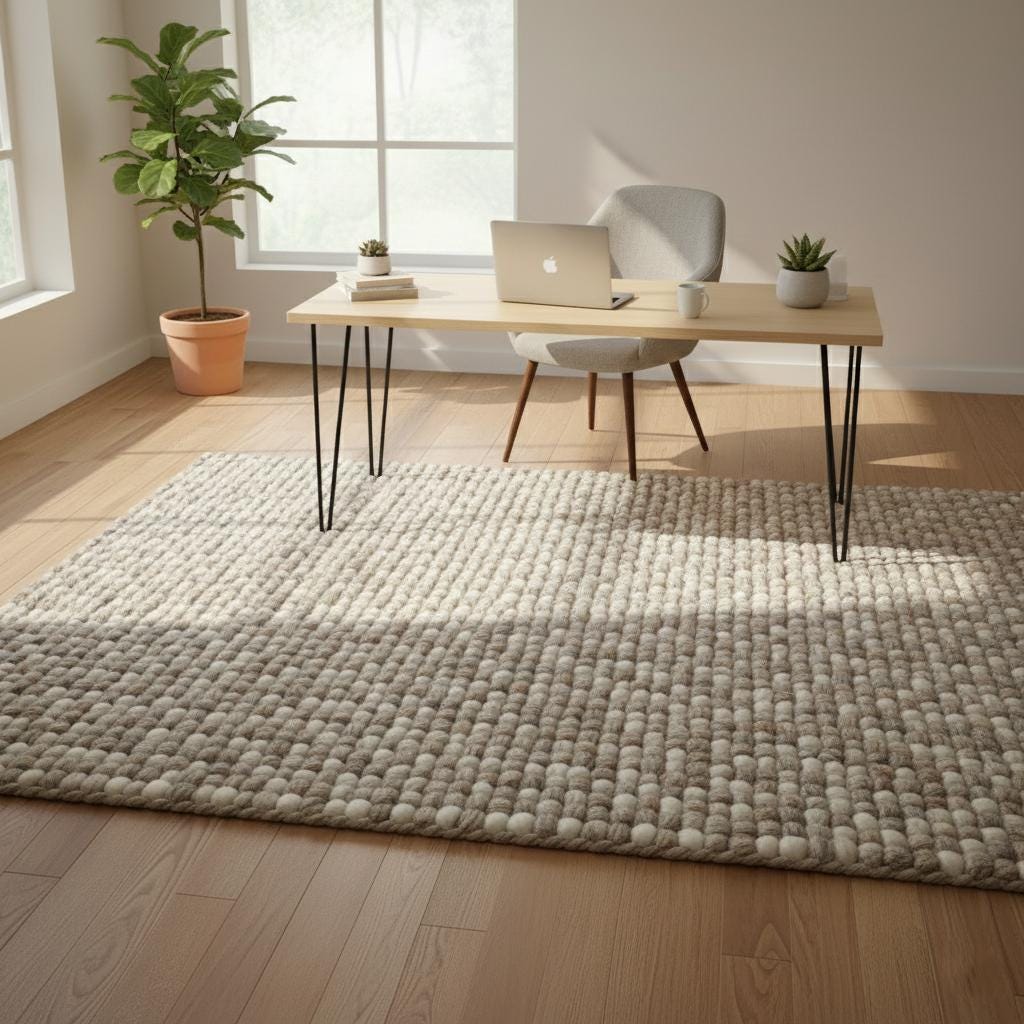 Handwoven chunky wool rug in neutral tones with thick texture for cozy Scandinavian living room decor