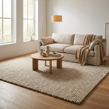 Chunky Wool Rug, Handwoven Neutral Area Rug for Living Room, Bedroom, Scandinavian Decor