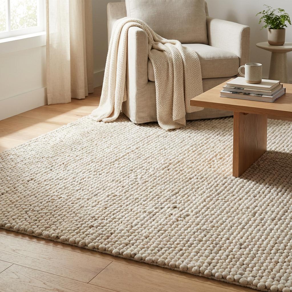 Chunky Wool Rug, Handwoven Neutral Area Rug for Living Room, Bedroom, Scandinavian Decor
